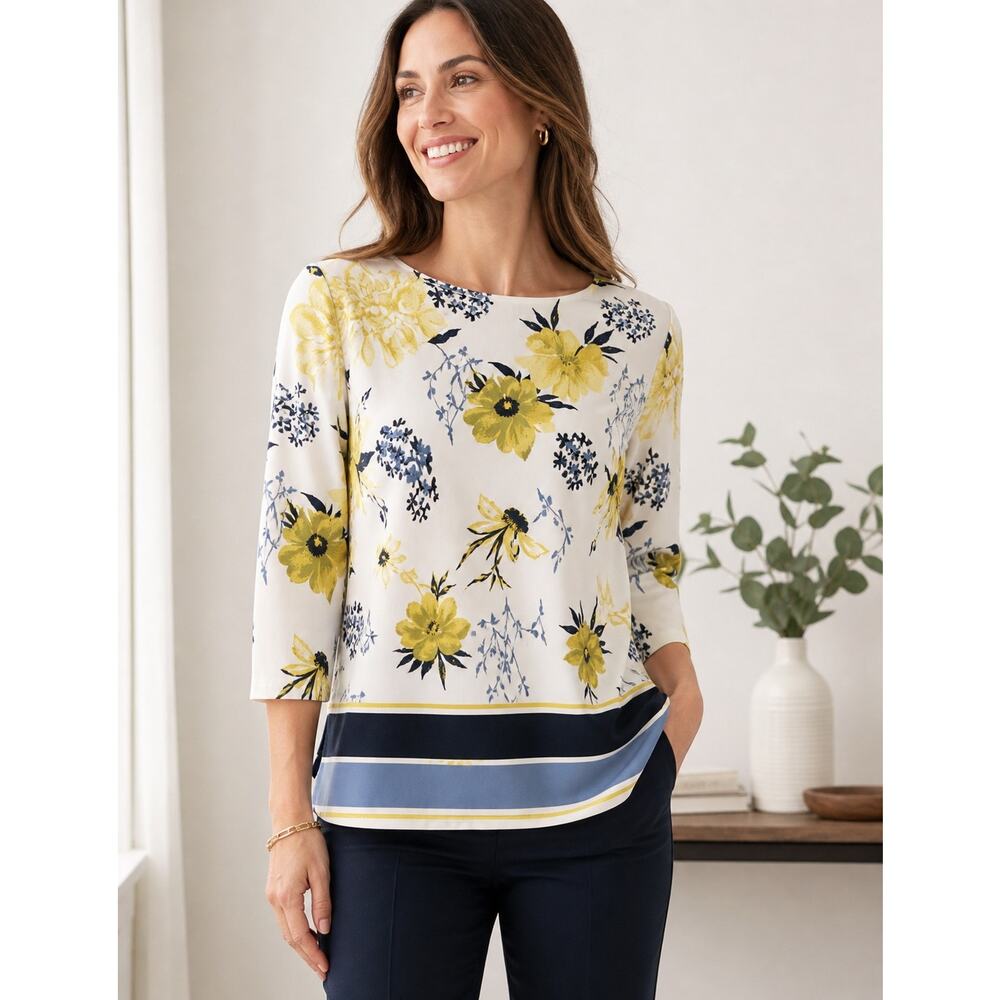 Ann Taylor Factory Petite Floral Blouse Yellow Blue 3/4 Sleeve Size SP